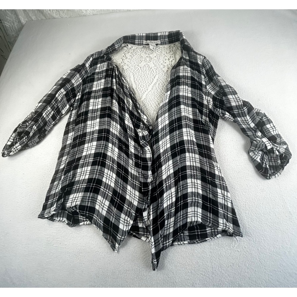 American Rag Womens XL Plaid Button Down Shirt Lace Back Crochet Roll Tab‎ Black